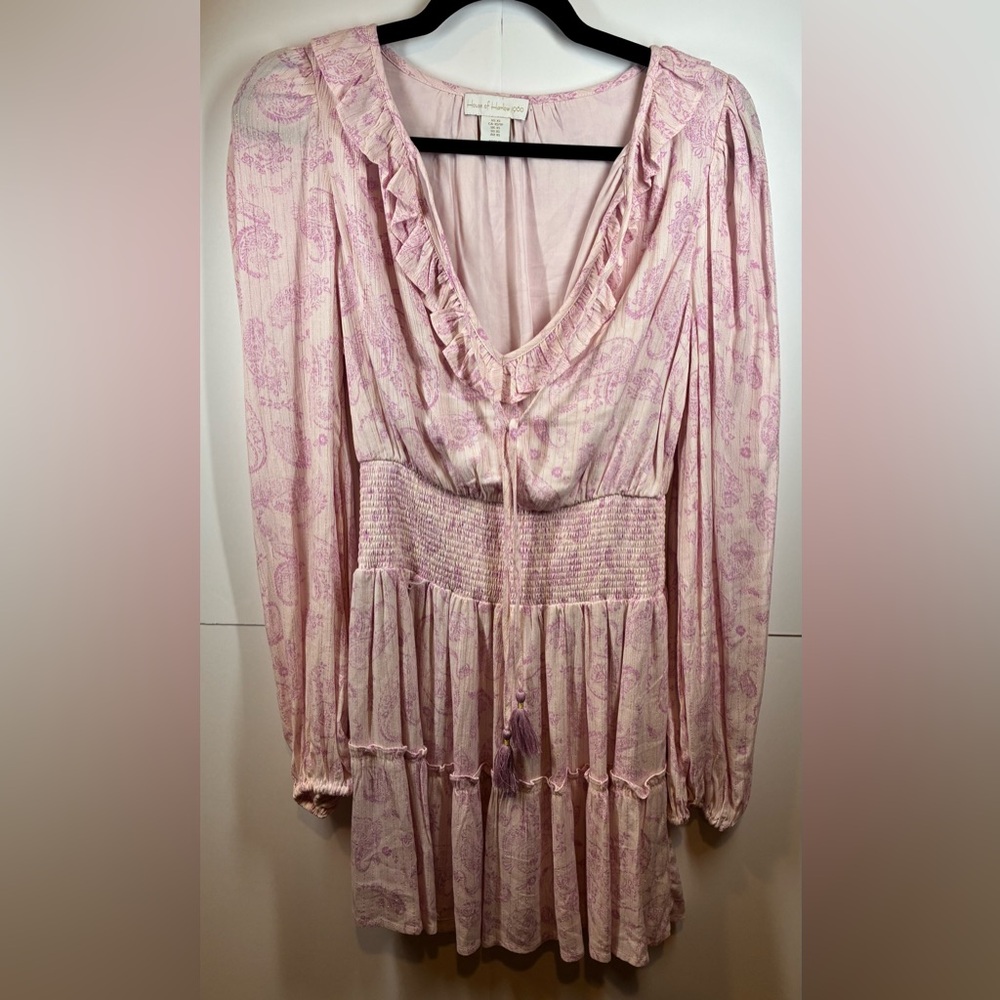 House of Harlow 1960 Pink Paisley Boho Ruffle Long Sleeve Mini Dress Size XS